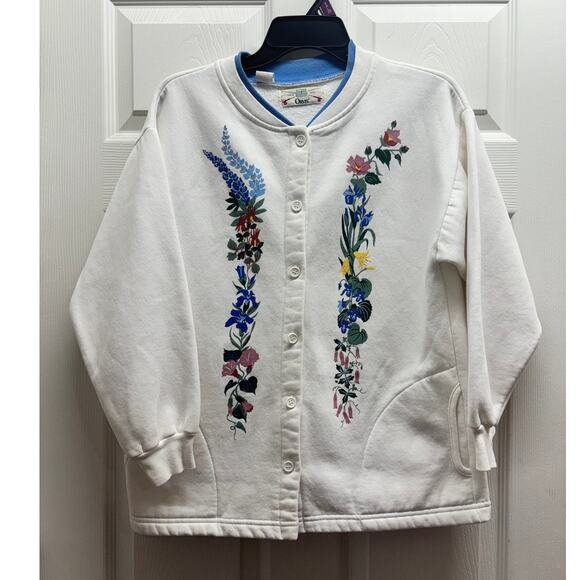 Vintage Orvis Women's Size Medium White Floral Button Up Granny Sweater - Picture 1 of 9